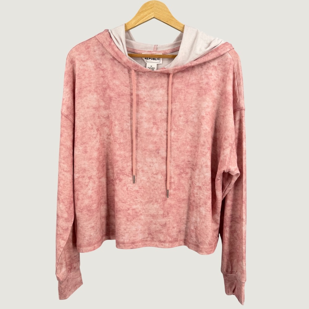 For The Republic Cropped Hoodie Medium Pink Acid Wash Pullover New